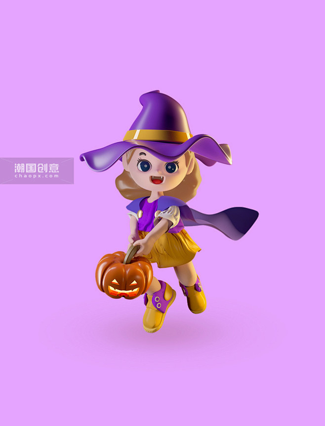 3d立体万圣节小女巫魔女南瓜灯模型图片_...