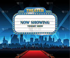 金色明亮的剧院发光的复古影院霓虹灯与城市的背景