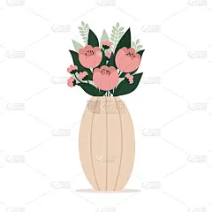 漂亮时髦的花瓶与一束花。贺卡。母亲节，国际妇女节，生日。春季平面矢量插图孤立在白色背景。