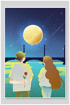 玫瑰花圆形青蓝色浪漫情人节插画