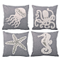 Serenta - Serenta Name Title Sea World Faux Linen Embroidery Decorative 4 Piece Pillow Set - Decorative Pillows