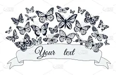 有不同大小蝴蝶剪影的海报。矢量插图。