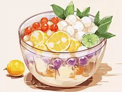 水彩手绘水果甜品牛奶冰粉治愈美食插画