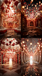 Red and white circus tents, larger ones, occupying the entire scene, emitting small colored lights, very small, fluttering ribbons, white floors, a large doorplate, surrounded by lighting, bright colors, lighting, very bright daytime, close up, positive, 