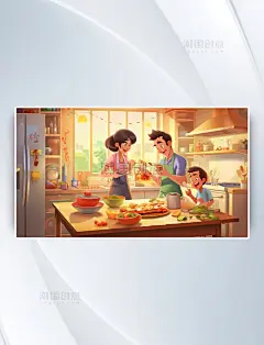家庭煮饭厨房烹饪温馨场景一家3口插画