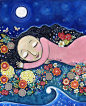 Sleeping Girl in FLowers with Bluebird Whimsical by LindyLonghurst