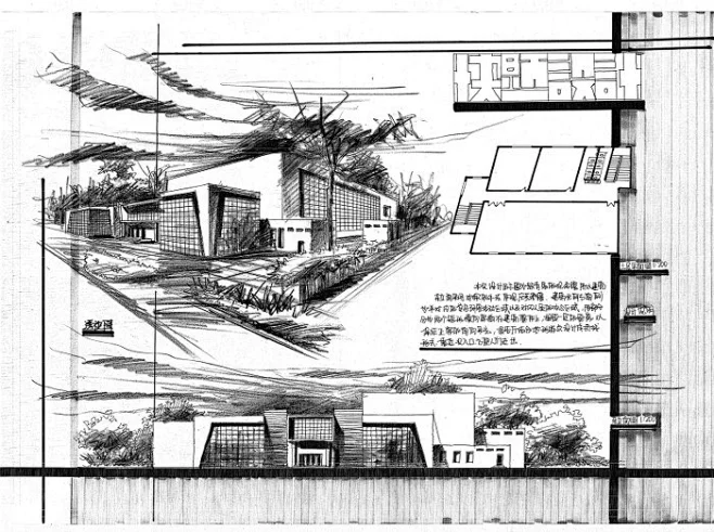 建筑快题---------排版及画面整体表现（黑色彩铅+黑色马克笔）-花瓣网