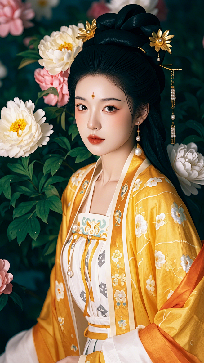 人像摄影，一个中国古代的美丽女孩，战国发型，穿着金黄色和珍珠白的战国袍，其装饰纹样和服饰风格蕴含着中国传统文化背景，传达出古典文学作品中常见的 ...