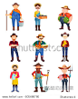 Set of cartoon farmer, man with watermelon and holding plum, worker in hat with shovel and pig, milk can and hen with eggs. Harvest and food, agriculture and redneck, village farm theme