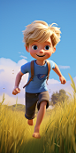 Tim is running in a field, a 4-year-old boy, short blonde hair, realistic hair style, blue big cute eyes, full body, the character was designed and created by bbm design, in the style of vray tracing, lit kid, lively brushwork, adventurecore, sharp/prickl