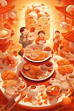 新年主题龙年除夕夜年夜饭插画