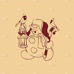可爱的微笑雪人，糖果手杖和灯笼，红雀