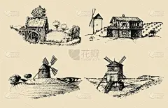 手绘古老的乡村磨坊的形象。矢量乡村景观插图集。欧洲乡村的海报草图。