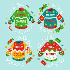 圣诞贴纸图案卡通手绘标签卡片节日老人树麋鹿海报AI矢量模板素材