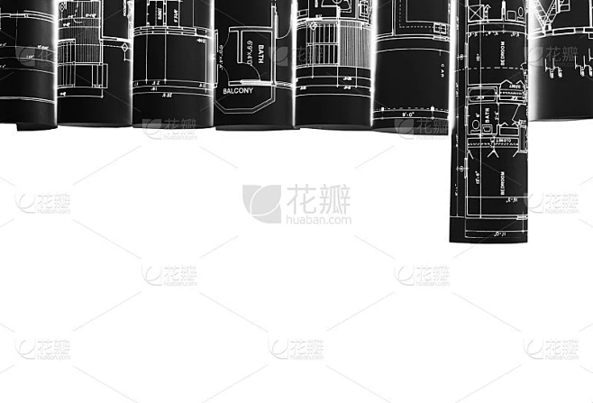 建筑蓝图和蓝图卷和一个绘图工具在白色工作台上的背景。画罗盘的计划。建设背景。黑色和白色