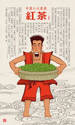 中国六大茶类--平静书斋
【红茶】红茶的鼻祖在中国，世界上最早的红茶由中国福建武夷山茶区的茶农发明，名为“正山小种”。属于全发酵茶类，是以茶树的芽叶为原料，经过萎凋、揉捻（切）、发酵、干燥等典型工艺过程精制而成。因其干茶色泽和冲泡的茶汤以红色为主调，故名红茶。
红茶基本特征是：香高、色艳、味浓，叶红汤红，滋味浓厚甘醇，似桂圆汤，有的松烟香味。分为小种红茶、工夫红茶、红碎茶（切细红茶）、红砖茶（米砖茶）。
知名红茶有：①祁红(安徽)；②滇红（云南）；③闽红(正山小种—金骏眉、银骏眉、坦洋工夫，福建)；④川红
