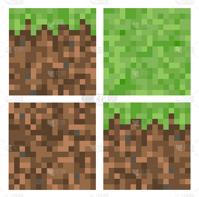 像素minecraft风格的土地块背景。游戏概念地面像素化水平无缝背景。顶部，侧面，底部视图。孤立在