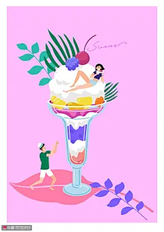 七彩夏日水果冰淇淋杯彩绘冰爽美食插画 食品插画 冰激凌