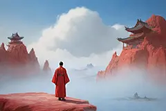 巨大红色建筑与流云汉服男子沉思