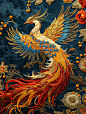 金橙红蓝凤凰，镀金，流动的火焰中国刺绣工艺海报