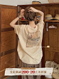 jmwomen 卡其色印花短袖T恤女夏季美式复古宽松半袖体恤圆领上衣-淘宝网