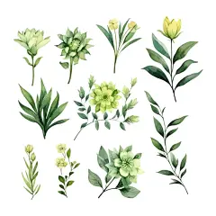 清新水彩风格手绘绿色植物花卉元素集