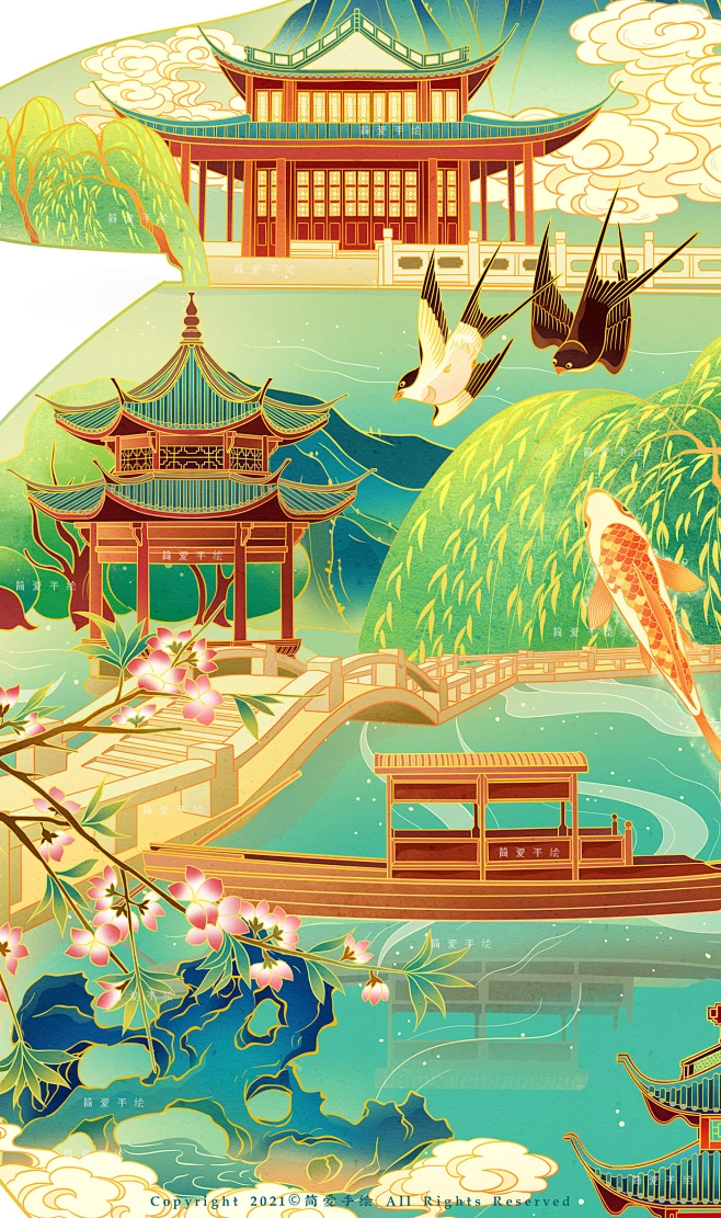 art ILLUSTRATION 国风 插画 杭州 西湖十景 风景-花瓣网