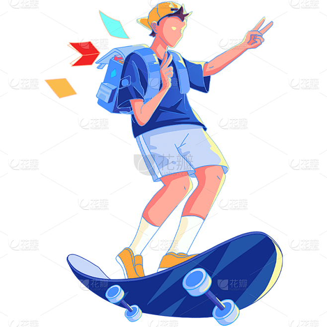 手绘滑板男孩开学季元素贴纸 