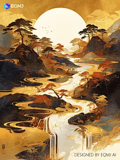 国风插画 | AI绘制新中式古典鎏金山水画 - 小红书