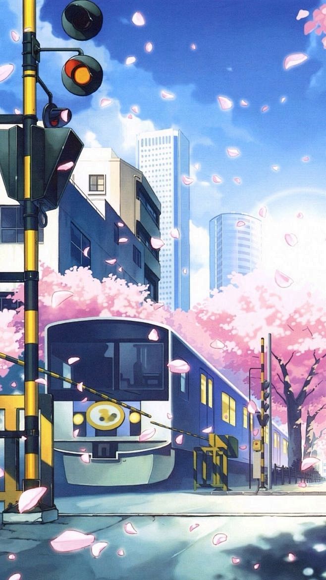 场景插画 樱花 火车
