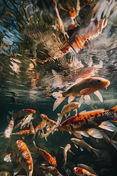 争食虫饵的池塘里锦鲤摄影图片