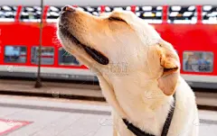 拉布拉多犬,自鸣得意的,火车站站台,寻回犬,水平画幅,信心,闭着眼睛,火车,狗,车站月台