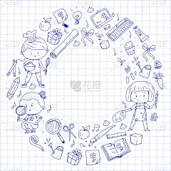 的孩子。学校和幼儿园。创造力和教育。音乐。探索。科学。的想象力。玩和学习。烹饪。唱歌。阅读。不同的爱