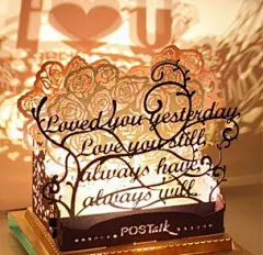 
爱的宣言3D贺卡


以”loved you yesterday love you still always have always will”花式字体，诉说着情
人间的爱意，夜晚在灯光效果下，还能看到I LOVE U的字样投射，非常的漂亮。无
论你们在一起多久，都别忘记给她制造一点浪漫哦~