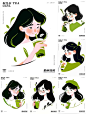 扁平风格美术插画海报，奶茶女孩头像绿色系