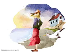 卡通插画-在海边的美女