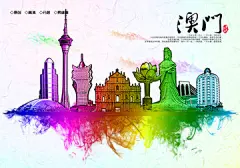 PSD 澳门地标 水彩手绘天际线