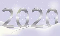 雪背景与白色金属鼠中国年的象征。老鼠是中国新年的象征。新年快乐。2020年的数字。插画图片