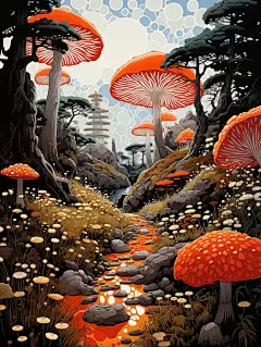 富有想象力的奇幻风景插画海报金黄色蘑菇