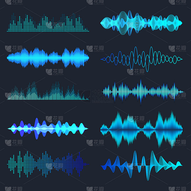 蓝色的彩色声波集合。模拟和数字音频信号。音乐均衡器。干扰录音。高频无线电波。矢量图