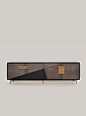 Shakedesign_Storages_Ego sideboard with multicolored doors, structure and interiors in T150 noir, doors in T152 sabbia, T150 noir, T151 terra, light bronze metal legs, inserts and handles in burnished brass