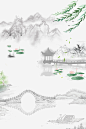 古风柳树荷花山水画