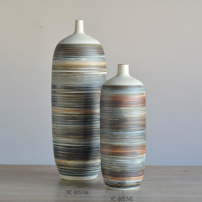 陶瓷细口花瓶 现代中式落地花器雨花石条纹...