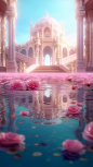**< << magical palace, heaven, white, tiffany blue, pink, glowing water, pink rose, magic, photorealistic, redshift rendering, CGI, 3D, super detail, photorealistic, 8K, masterpiece, feature artstation , ultra-wide 3000 hd