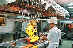 现代厨房。厨师在餐厅或酒店厨房的炉子上准备饭菜。厨房里的火。