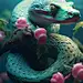 portrait of a beautiful mint green and gold snake wrapped around a tree branch, pink and mint green colors, Greg Rutkowski, studio ghibli, 4k, insanely detailed, photorealistic, sharp focus
