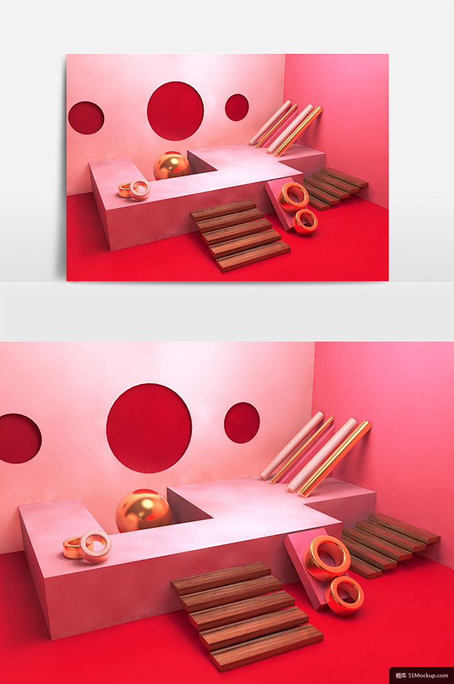粉色台阶圆环C4D创意3D立体场景PSD...