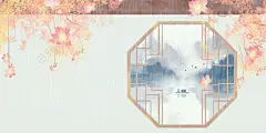 春分唯美古风山水画窗前花朵手绘插画海报古风中国风唯美