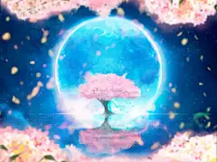 梦幻背景风景插画蓝色的满月和樱花树在水面上盛开，樱花暴风雪和樱花框架。图片下载