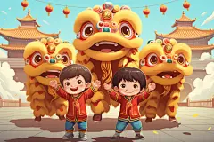 喜庆小年糖瓜粘福娃舞狮迎新插画